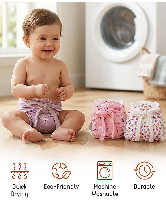 Babyhug Leak Proof Cloth Langot Pack of 3 Small Size Rabbit Rainbow and Floral Print | Triple Layer Protection | Reusable | Designed for Short Term Comfy Wear | Mess Free - Plum