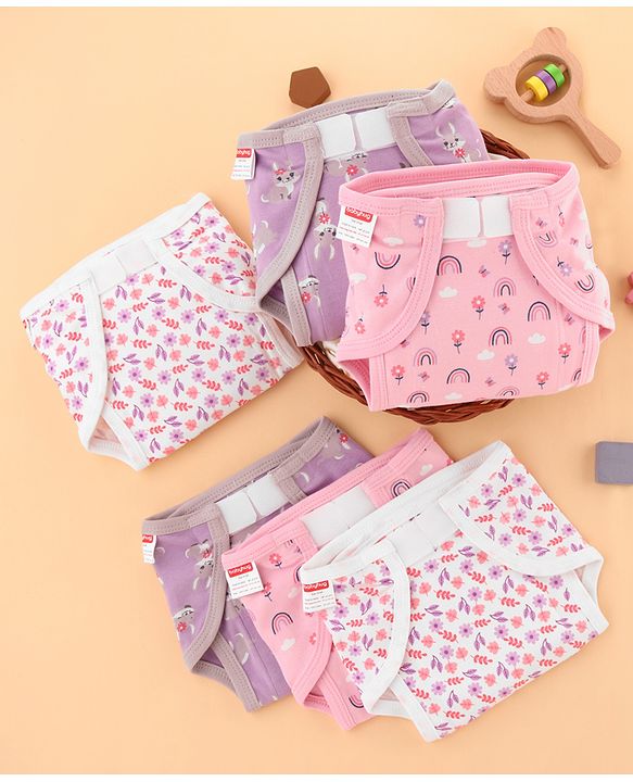 Babyhug 100% Interlock Cotton Reusable Printed Cloth Nappies with Velcro Closure Pack of 6 Rabbit, Rainbow and Flower Print  Small Size| Machine Washable| Soft & Skin Friendly