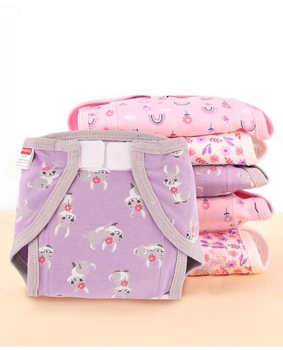 Babyhug 100% Interlock Cotton Reusable Printed Cloth Nappies with Velcro Closure Pack of 6 Rabbit, Rainbow and Flower Print  Small Size| Machine Washable| Soft & Skin Friendly