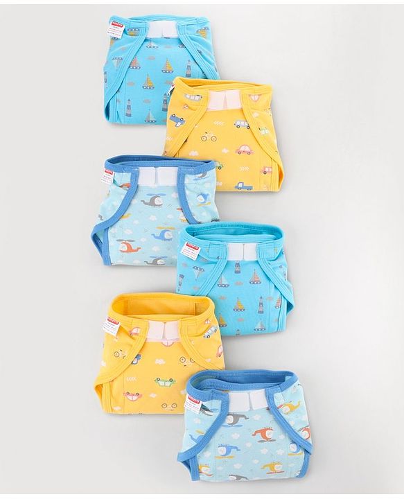 Babyhug 100% Interlock Cotton Reusable Printed Cloth Nappies with Velcro Closure Pack of 6 Helicopter, Boat & Car Print  Small Size| Machine Washable| Soft & Skin Friendly