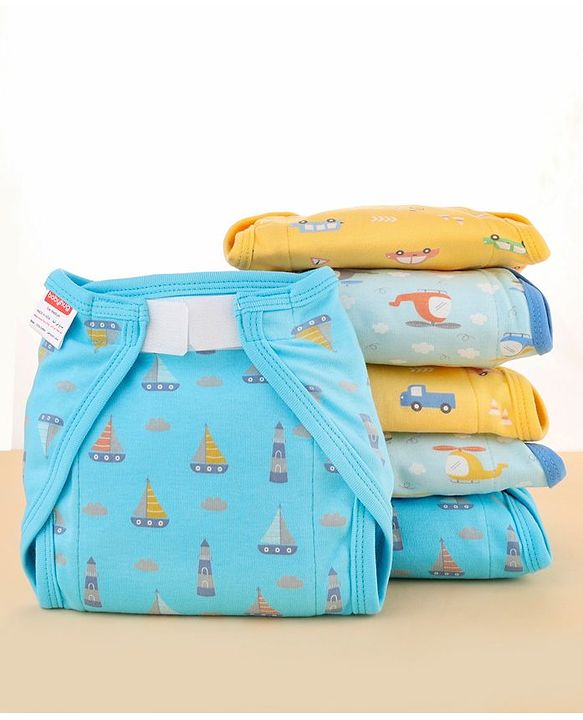 Babyhug 100% Interlock Cotton Reusable Printed Cloth Nappies with Velcro Closure Pack of 6 Helicopter, Boat & Car Print  Small Size| Machine Washable| Soft & Skin Friendly