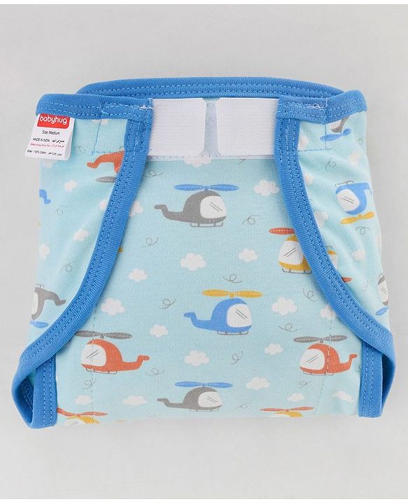 Babyhug 100% Interlock Cotton Reusable Printed Cloth Nappies with Velcro Closure Pack of 6 Helicopter, Boat & Car Print  Small Size| Machine Washable| Soft & Skin Friendly