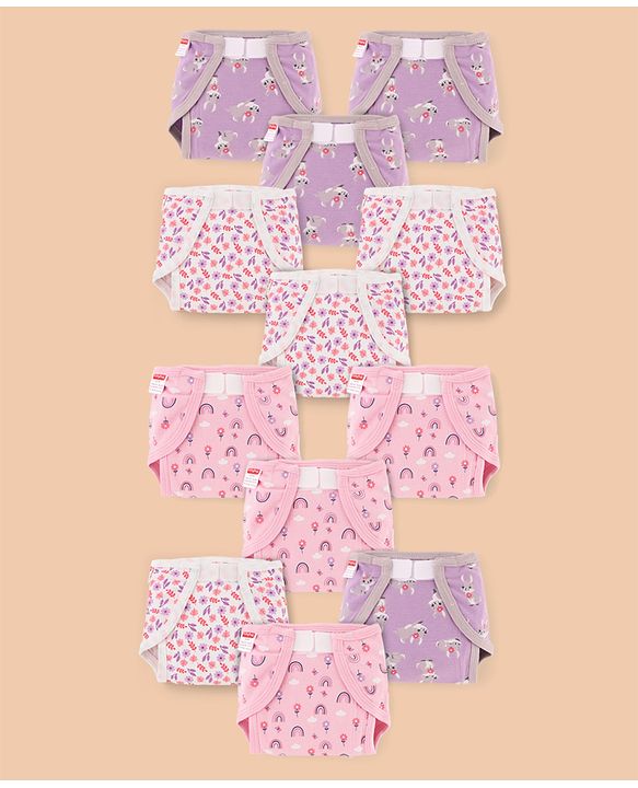 Babyhug 100% Interlock Cotton Reusable Printed Cloth Nappies with Velcro Closure Pack of 12 Rabbit, Rainbow and Flower Print  Small Size| Machine Washable| Soft & Skin Friendly