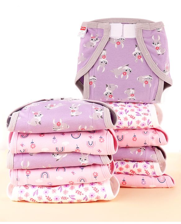Babyhug 100% Interlock Cotton Reusable Printed Cloth Nappies with Velcro Closure Pack of 12 Rabbit, Rainbow and Flower Print  Small Size| Machine Washable| Soft & Skin Friendly