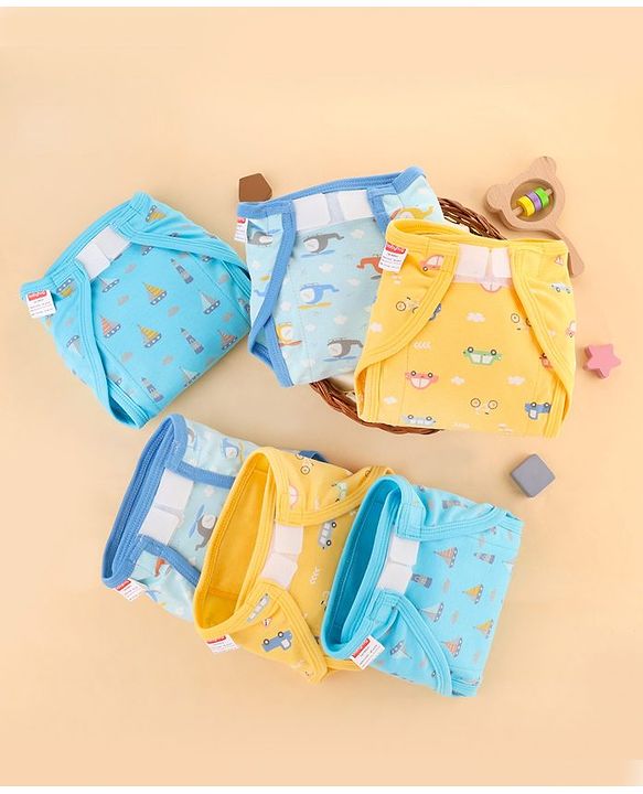 Babyhug 100% Interlock Cotton Reusable Velcro Closure Printed Cloth Nappies Small Size Pack of 12 Helicopter, Boat & Car Print| Breathable & Skin Friendly| High Absorbent Material| Machine Washable.