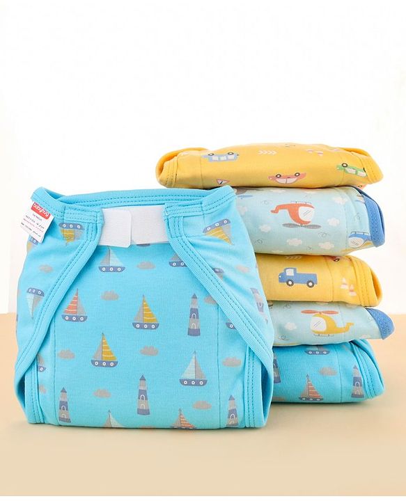 Babyhug 100% Interlock Cotton Reusable Velcro Closure Printed Cloth Nappies Small Size Pack of 12 Helicopter, Boat & Car Print| Breathable & Skin Friendly| High Absorbent Material| Machine Washable.