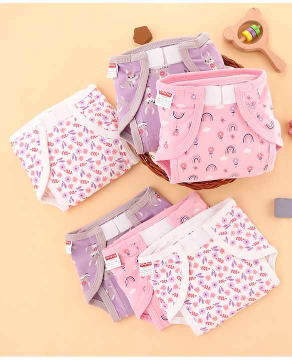 Babyhug 100% Interlock Cotton Reusable Printed Cloth Nappies with Velcro Closure Pack of 6 Rabbit, Rainbow and Flower Print  Medium Size| Machine Washable| Soft & Skin Friendly