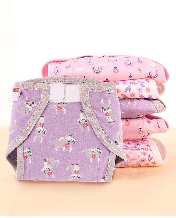 Babyhug 100% Interlock Cotton Reusable Printed Cloth Nappies with Velcro Closure Pack of 6 Rabbit, Rainbow and Flower Print  Medium Size| Machine Washable| Soft & Skin Friendly