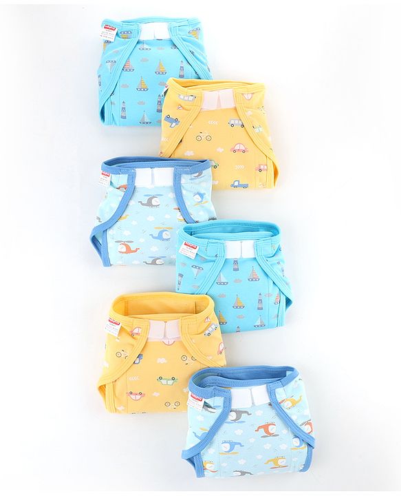 Babyhug 100% Interlock Cotton Reusable Printed Cloth Nappies with Velcro Closure Pack of 6 Helicopter, Boat & Car Print  Medium Size| Machine Washable| Soft & Skin Friendly