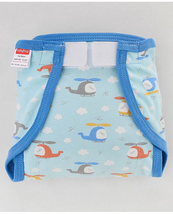 Babyhug 100% Interlock Cotton Reusable Printed Cloth Nappies with Velcro Closure Pack of 6 Helicopter, Boat & Car Print  Medium Size| Machine Washable| Soft & Skin Friendly