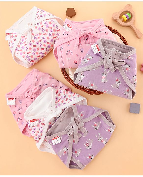 Babyhug 100% Interlock Cotton Double Layer Nappy Rabbit, Rainbow and Flower Print Pack of 6  Small Size| Machine Washable| Soft & Skin Friendly| Tie Knot Style