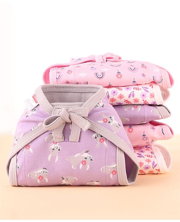 Babyhug 100% Interlock Cotton Double Layer Nappy Rabbit, Rainbow and Flower Print Pack of 6 - Extra Small Size| Machine Washable| Soft & Skin Friendly| Tie Knot Style