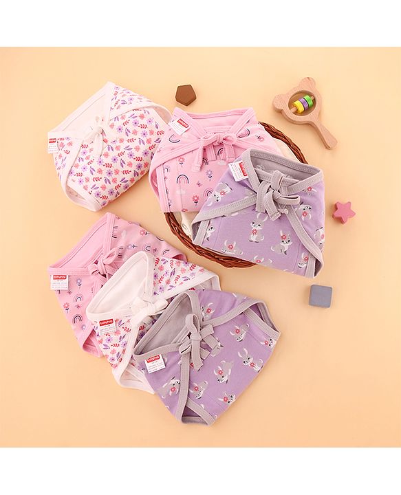 Babyhug 100% Interlock Cotton Double Layer Nappy Rabbit, Rainbow and Flower Print Pack of 6 - Extra Small Size| Machine Washable| Soft & Skin Friendly| Tie Knot Style