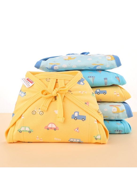 Babyhug 100% Interlock Cotton Double Layer Nappy Helicopter, Boat & Car Print Pack of 6 - Extra Small Size| Machine Washable| Soft & Skin Friendly| Tie Knot Style