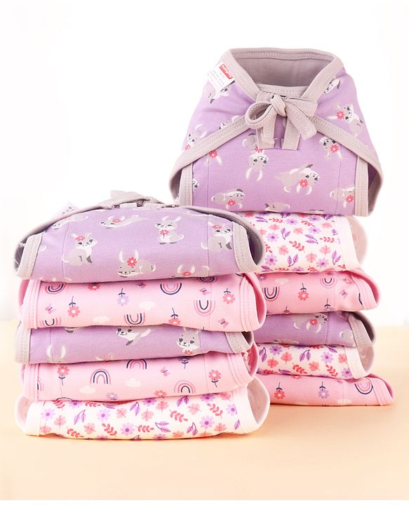 Babyhug 100% Interlock Cotton Double Layer Nappy Rabbit, Rainbow and Flower Print Pack of 12 - Small Size| Machine Washable| Soft & Skin Friendly| Tie Knot Style