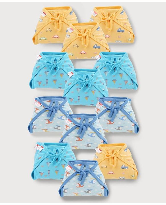 Babyhug 100% Interlock Cotton Double Layer Nappy Helicopter, Boat & Car Print Pack of 12 - Small Size| Machine Washable| Soft & Skin Friendly| Velcro Closure