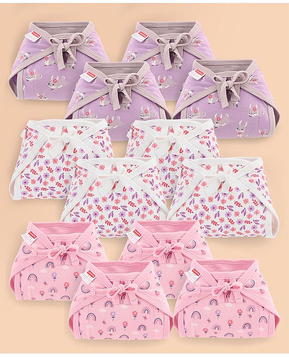Babyhug 100% Interlock Cotton Double Layer Nappy Rabbit, Rainbow and Flower Print Pack of 12 - Extra Small Size| Machine Washable| Soft & Skin Friendly| Tie Knot Style