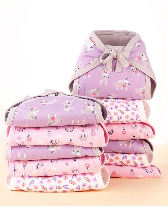 Babyhug 100% Interlock Cotton Double Layer Nappy Rabbit, Rainbow and Flower Print Pack of 12 - Extra Small Size| Machine Washable| Soft & Skin Friendly| Tie Knot Style