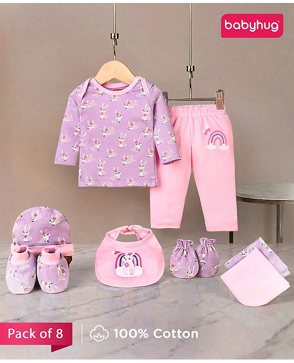 Babyhug 100% Interlock Cotton Clothing Gift Set for Newborn Rabbit Print Pack of 8 - Multicolour