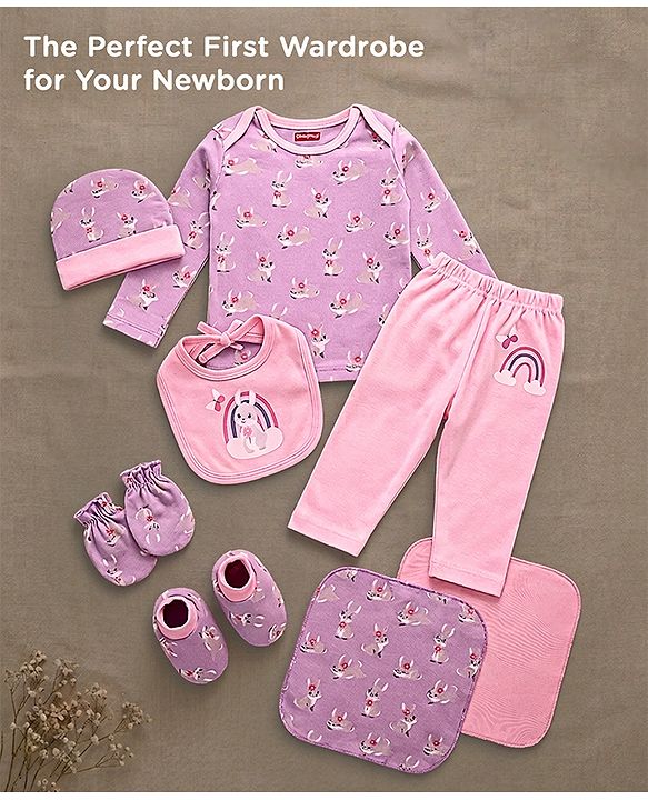 Babyhug 100% Interlock Cotton Clothing Gift Set for Newborn Rabbit Print Pack of 8 - Multicolour