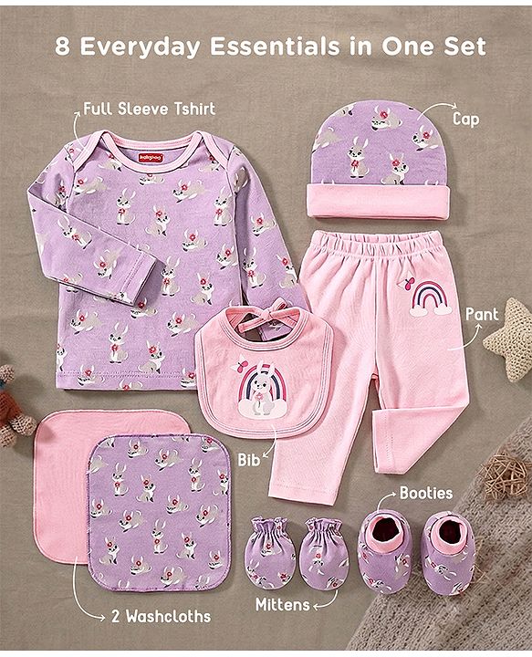 Babyhug 100% Interlock Cotton Clothing Gift Set for Newborn Rabbit Print Pack of 8 - Multicolour