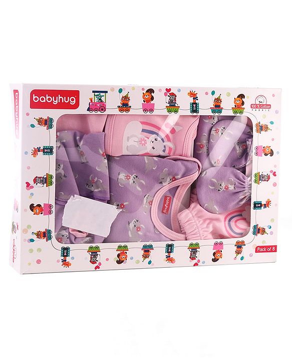 Babyhug 100% Interlock Cotton Clothing Gift Set for Newborn Rabbit Print Pack of 8 - Multicolour