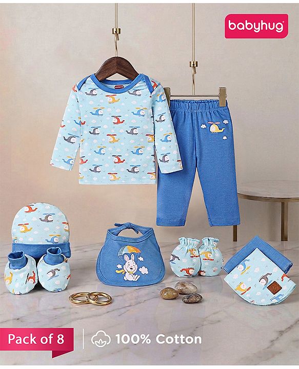 Babyhug 100% Interlock Cotton Clothing Gift Set for Newborn Rabbit Print Pack of 8 - Multicolour