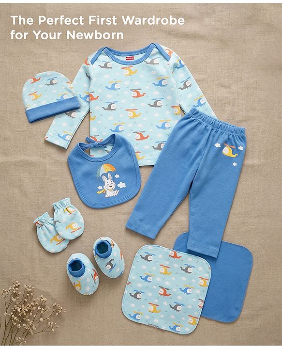 Babyhug 100% Interlock Cotton Clothing Gift Set for Newborn Rabbit Print Pack of 8 - Multicolour