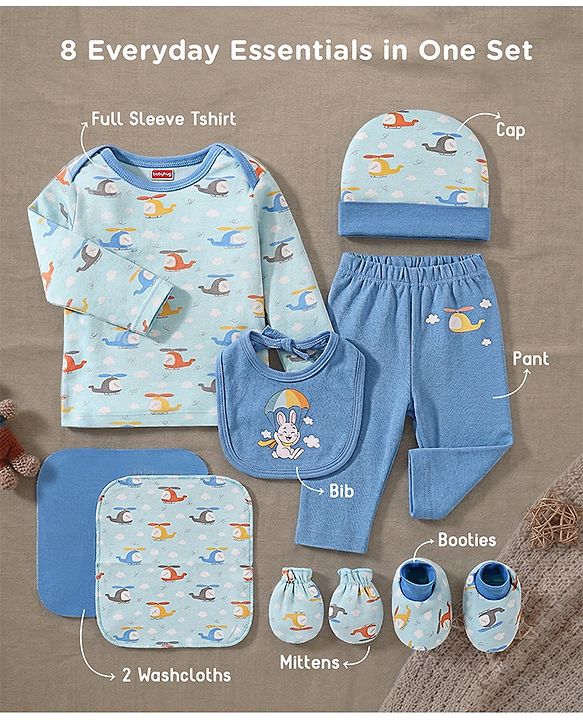 Babyhug 100% Interlock Cotton Clothing Gift Set for Newborn Rabbit Print Pack of 8 - Multicolour