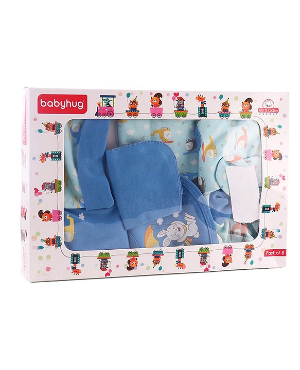 Babyhug 100% Interlock Cotton Clothing Gift Set for Newborn Rabbit Print Pack of 8 - Multicolour