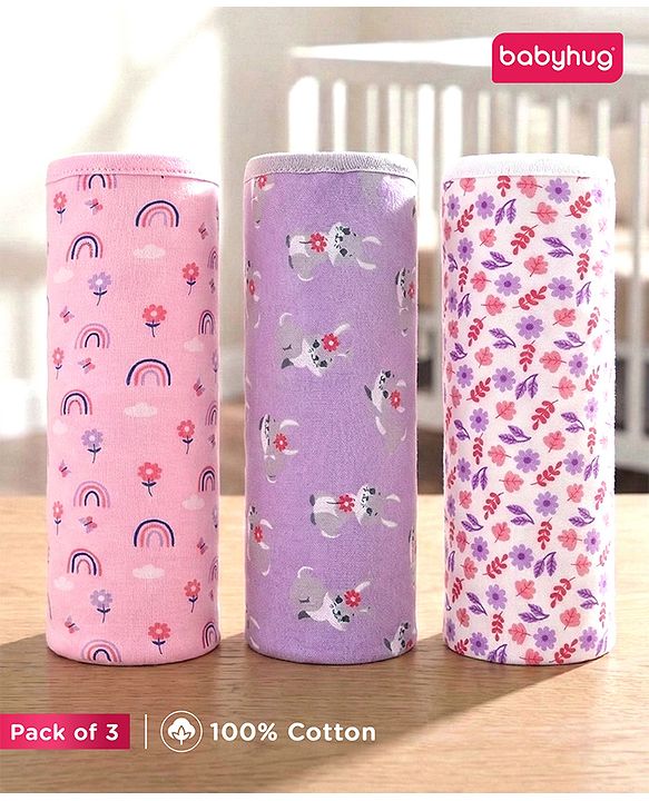 Babyhug 100% Interlock Cotton Wrapper with Rabbit Rainbow and Floral Print| Soft & Breathable| Comfortable Warm and Soothing| Travel Friendly| New Born Gifting  Pack of 3  - Purple Pink & White