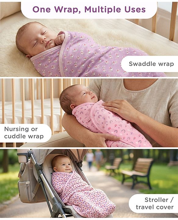 Babyhug 100% Interlock Cotton Wrapper with Rabbit Rainbow and Floral Print| Soft & Breathable| Comfortable Warm and Soothing| Travel Friendly| New Born Gifting  Pack of 3  - Purple Pink & White