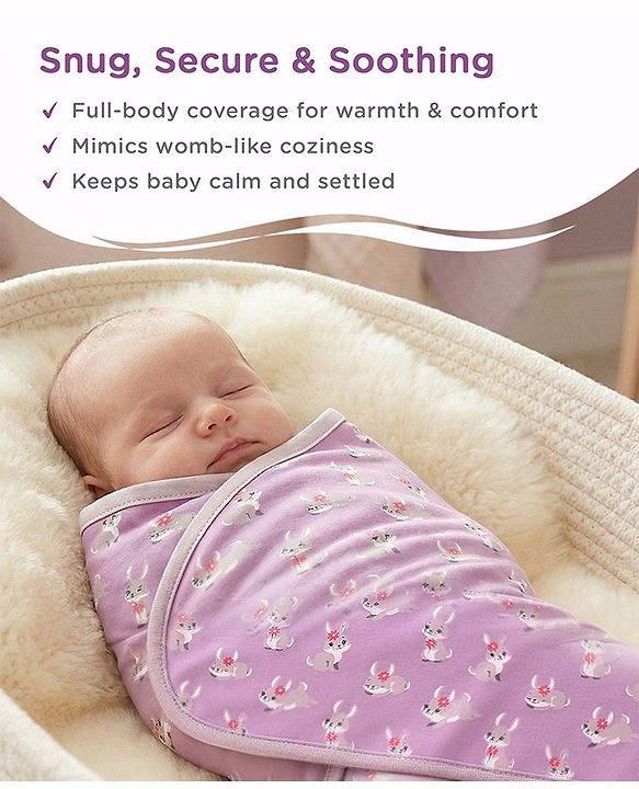 Babyhug 100% Interlock Cotton Wrapper with Rabbit Rainbow and Floral Print| Soft & Breathable| Comfortable Warm and Soothing| Travel Friendly| New Born Gifting  Pack of 3  - Purple Pink & White