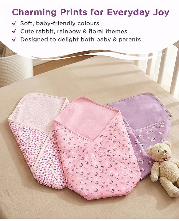 Babyhug 100% Interlock Cotton Wrapper with Rabbit Rainbow and Floral Print| Soft & Breathable| Comfortable Warm and Soothing| Travel Friendly| New Born Gifting  Pack of 3  - Purple Pink & White