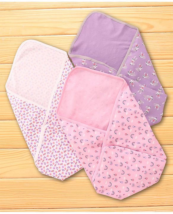 Babyhug 100% Interlock Cotton Wrapper with Rabbit Rainbow and Floral Print| Soft & Breathable| Comfortable Warm and Soothing| Travel Friendly| New Born Gifting  Pack of 3  - Purple Pink & White