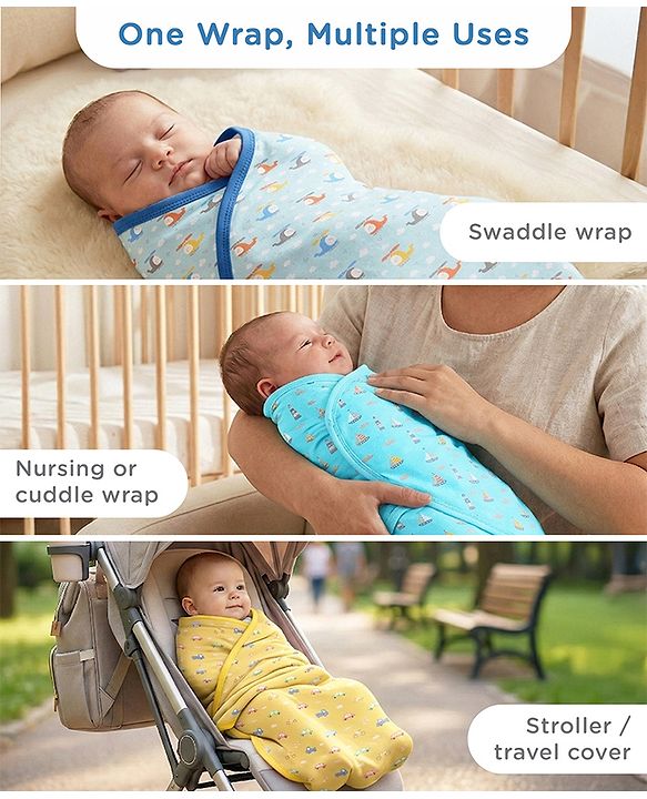 Babyhug 100% Interlock Cotton Wrapper with Rabbit Rainbow and Floral Print| Soft & Breathable| Comfortable Warm and Soothing| Travel Friendly| New Born Gifting  Pack of 3  - Purple Pink & White
