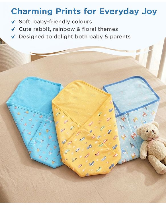 Babyhug 100% Interlock Cotton Wrapper with Rabbit Rainbow and Floral Print| Soft & Breathable| Comfortable Warm and Soothing| Travel Friendly| New Born Gifting  Pack of 3  - Purple Pink & White