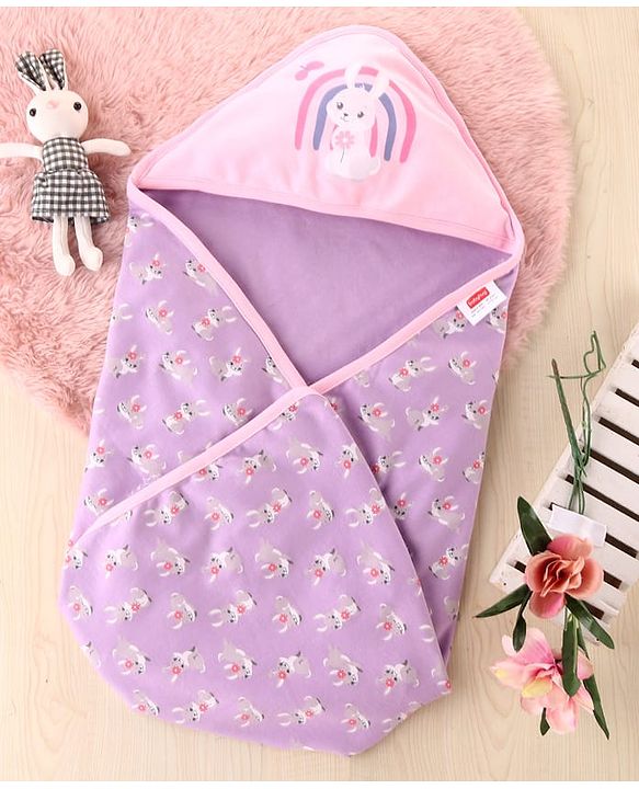 Babyhug 100 % Interlock Cotton Single Ply Double Layer Hooded Wrapper Rabbit Print| Adjustable Design| Soft Breathable| All Season| Machine washable| New Born Gifting for Boys & Girls  Purple