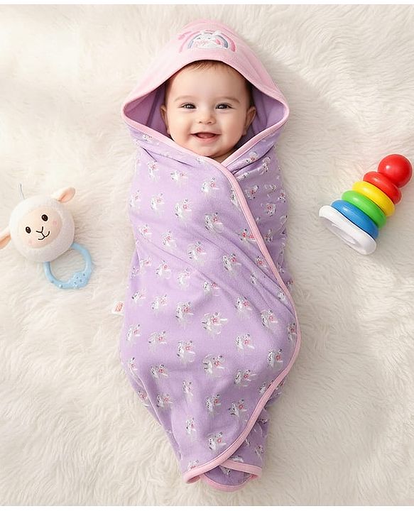 Babyhug 100 % Interlock Cotton Single Ply Double Layer Hooded Wrapper Rabbit Print| Adjustable Design| Soft Breathable| All Season| Machine washable| New Born Gifting for Boys & Girls  Purple