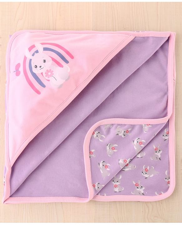 Babyhug 100 % Interlock Cotton Single Ply Double Layer Hooded Wrapper Rabbit Print| Adjustable Design| Soft Breathable| All Season| Machine washable| New Born Gifting for Boys & Girls  Purple