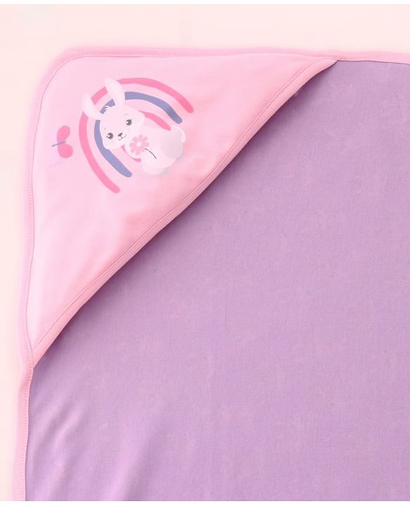 Babyhug 100 % Interlock Cotton Single Ply Double Layer Hooded Wrapper Rabbit Print| Adjustable Design| Soft Breathable| All Season| Machine washable| New Born Gifting for Boys & Girls  Purple