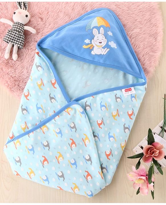 Babyhug 100 % Interlock Cotton Single Ply Double Layer Hooded Wrapper Helicopter Print| Adjustable Design| Soft Breathable| All Season| Machine washable| New Born Gifting for Boys & Girls  Blue