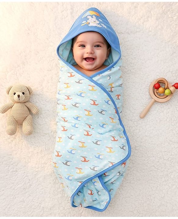 Babyhug 100 % Interlock Cotton Single Ply Double Layer Hooded Wrapper Helicopter Print| Adjustable Design| Soft Breathable| All Season| Machine washable| New Born Gifting for Boys & Girls  Blue