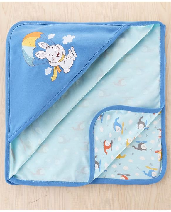 Babyhug 100 % Interlock Cotton Single Ply Double Layer Hooded Wrapper Helicopter Print| Adjustable Design| Soft Breathable| All Season| Machine washable| New Born Gifting for Boys & Girls  Blue