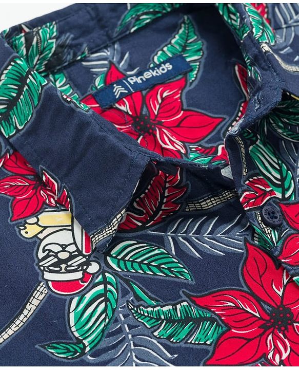 Pine Kids Viscose Woven Half Sleeves Shirt With Floral Print - Navy Blue