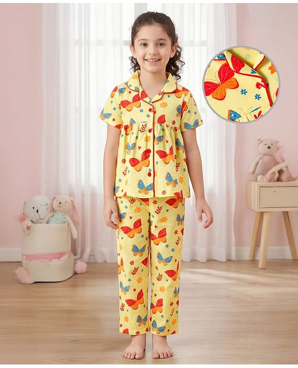 Pine Kids Single Jersey Knit Half Sleeves Co-ords Night Suit With Butterfly Print - Yellow