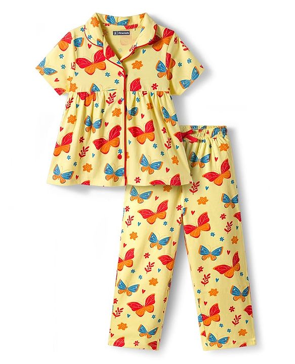 Pine Kids Single Jersey Knit Half Sleeves Co-ords Night Suit With Butterfly Print - Yellow
