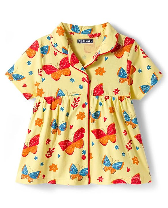 Pine Kids Single Jersey Knit Half Sleeves Co-ords Night Suit With Butterfly Print - Yellow