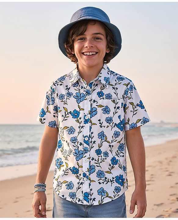Pine Kids Viscose Woven Half Sleeves Shirt With Floral Print - White
