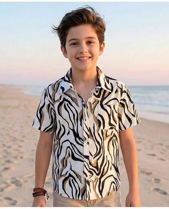 Pine Kids Viscose Woven Half Sleeves Printed Shirt - White